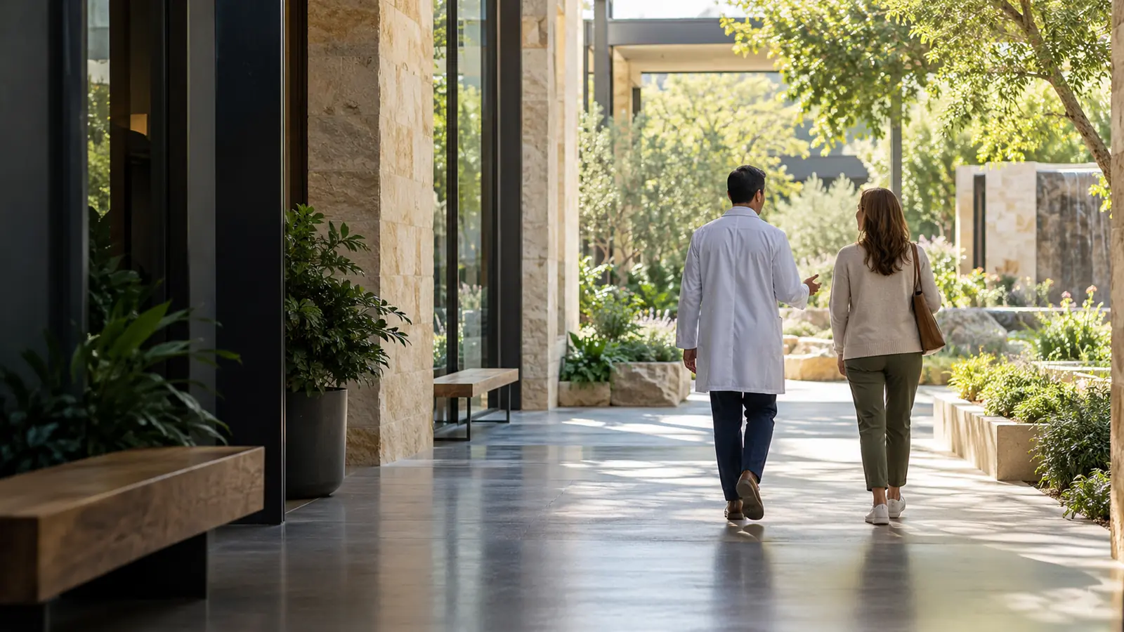 A physician and patient walking together from a medical clinic toward a garden courtyard